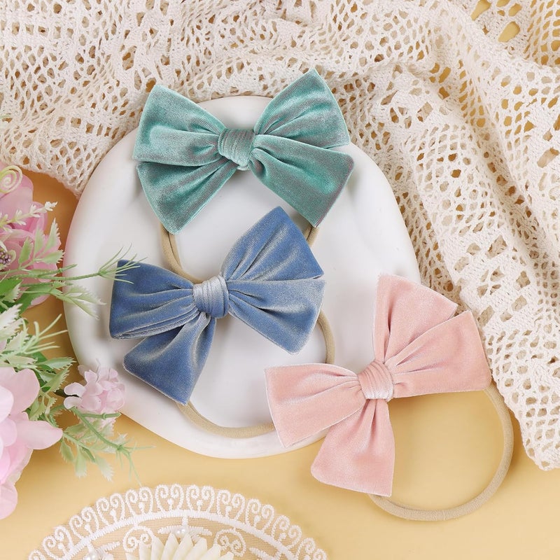 ONENINEDREAM 4'' Baby Velvet Gloss Bows Handmade Headbands Tied Bow Elastic Nylon Hair Accessories for Baby Girls Newborn Infant 3 Pcs Light Blue Aqua Pink - Image 5
